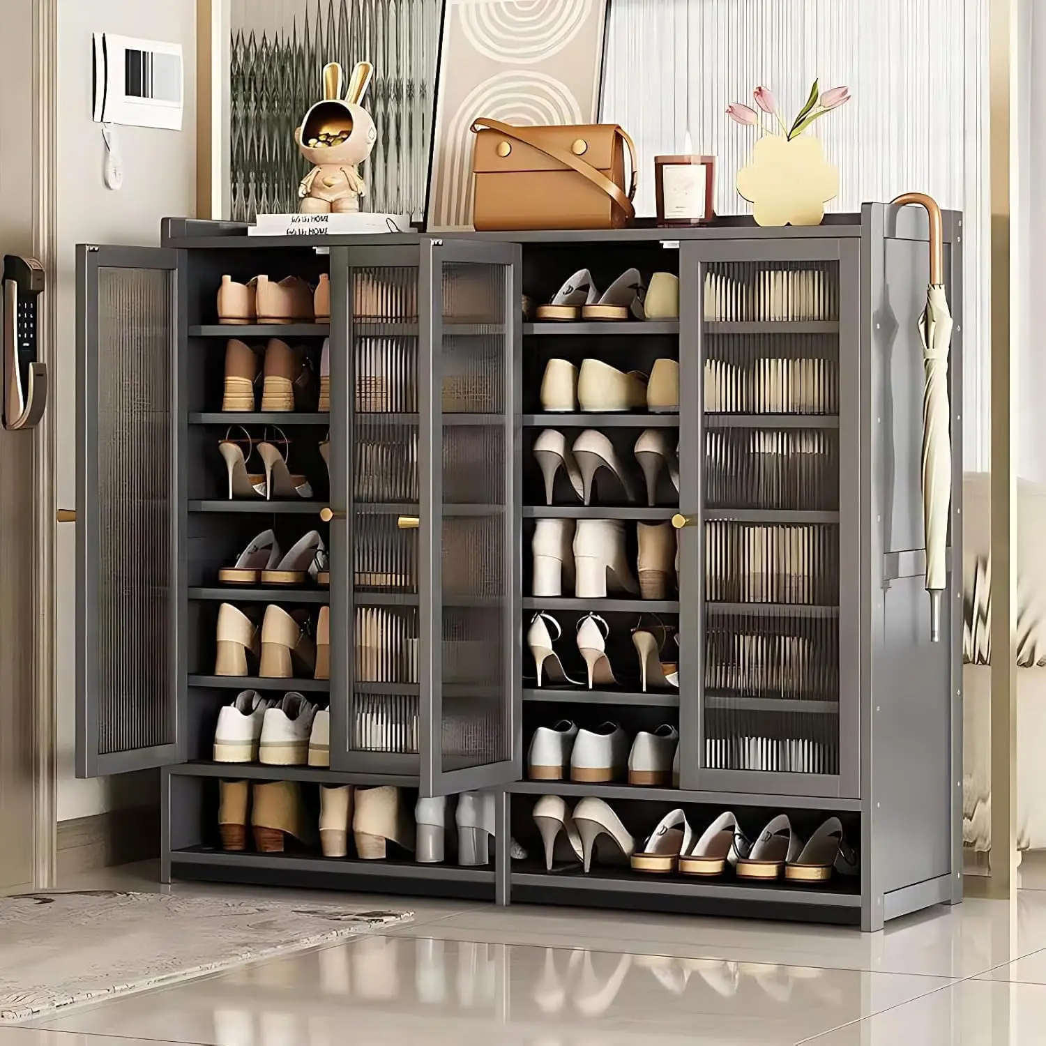 خزانة أحذية مكونة من 8 طوابق مع باب، وخزانة أحذية كبيرة للمدخل، و36-40 زوجًا من خزانة تخزين الأحذية المصنوعة من الخيزران