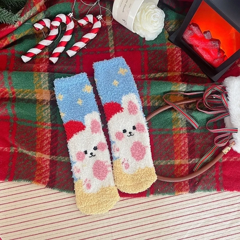

New Santa Claus Christmas Socks Soft Cartoon Coral Fleece Socks Coral Fleece Warm Middle Tube Socks New Year