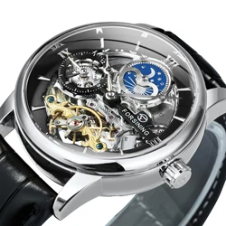 Forsining Luxury Skeleton orologi meccanici per uomo Dual Time Zone Tourbillion orologio automatico cinturino in vera pelle fasi lunari