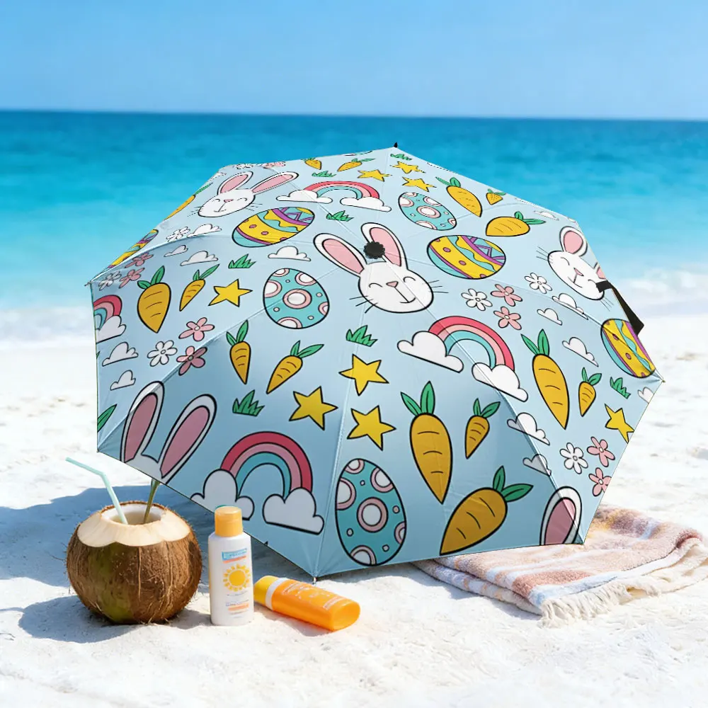 1PC Colorful Easter-Themed Umbrella with Cute Bunny Patterns Print 8 Iron Ribs Folding Umbrella Auto-Open Fashion Sunshade