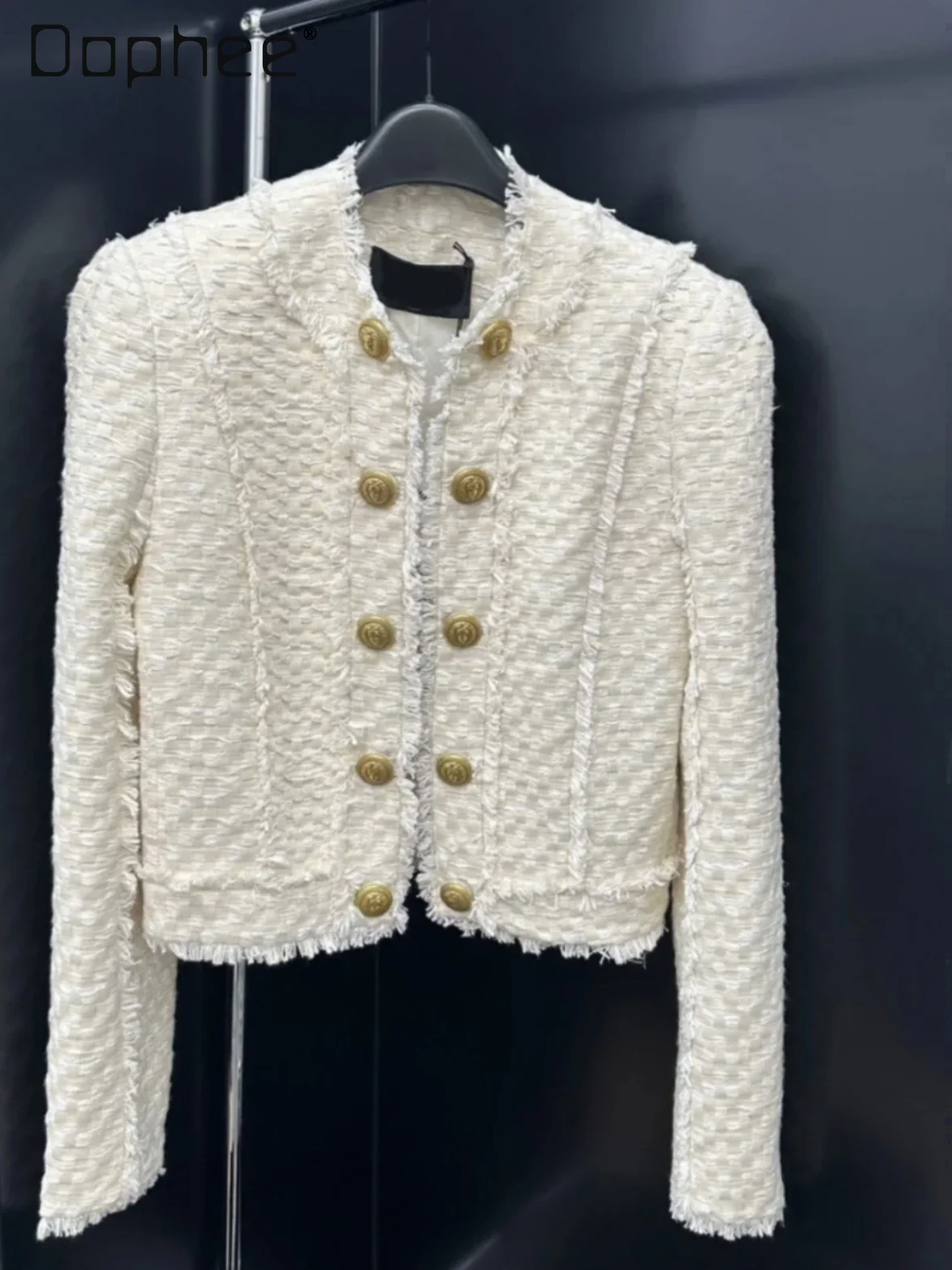 

European Style French Socialite Elegant Double-Breasted Tweed Fringe Wool Short Coat Women Trendy Round Neck Loose Casual Coat