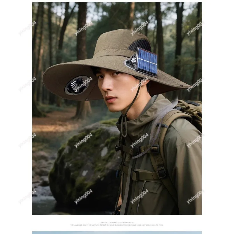 

Outdoor Solar Fan Hat, Large Brim Breathable Bucket Hat for Men Fishing Travel