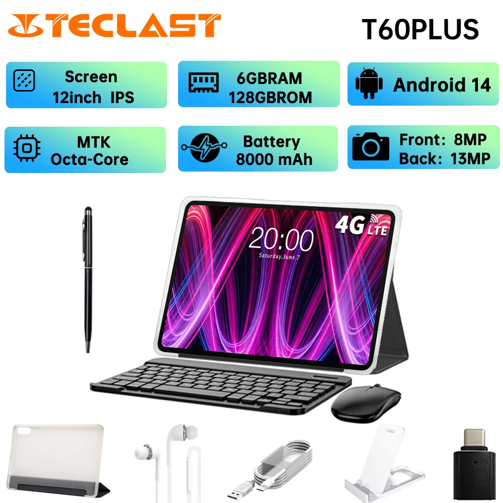Tableta Teclast T60PLUS (MTK1.8GHz/6GB + 128GB/11.97 pulgadas 2000*1200iPS TDDI/WIFI5G/4G Dual SIM/8000mAh/Tipo C/8MP+13MP/Android14)