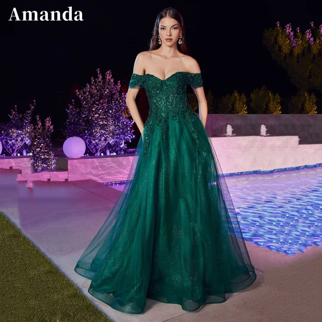 

Amanda Lace Embroider A-line Tulle Prom Dress Elegant Off Shoulder فساتين السهرة Sexy V-neck vestido de festa noite