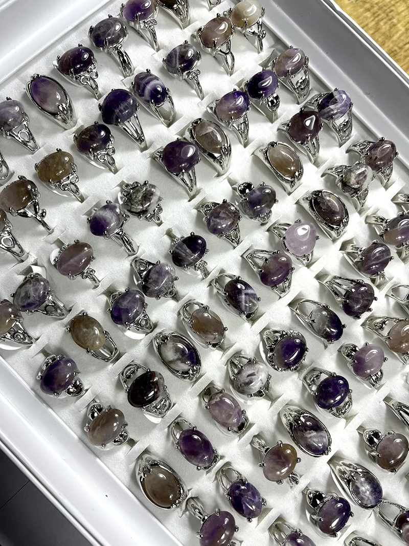 50Pieces /Lot New Design Natural Amethyst Purple Stone Silver Plated Ring Ladies Women Rings Wholesale Jewelry LR4210