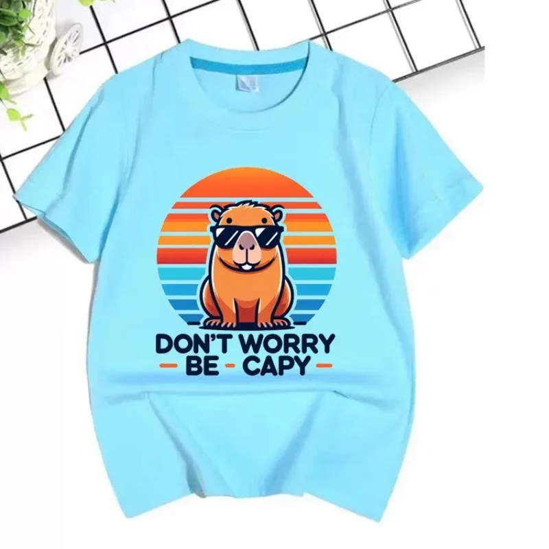 Boy Short Sleeve DON'T WORRY BE CAPY Funny Print Capybara T-shirt Crewneck Tee Tops for 2-15 Kids Value Cotton 2024 Summer New