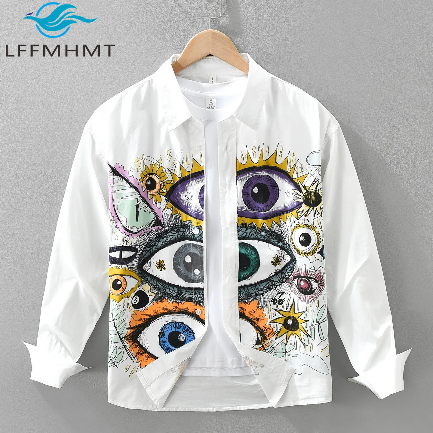 Men Japanese Style Creative Graphic Print 100% Cotton Long Sleeve Shirt Loose Button Up Trendy Spring Fall Tops
