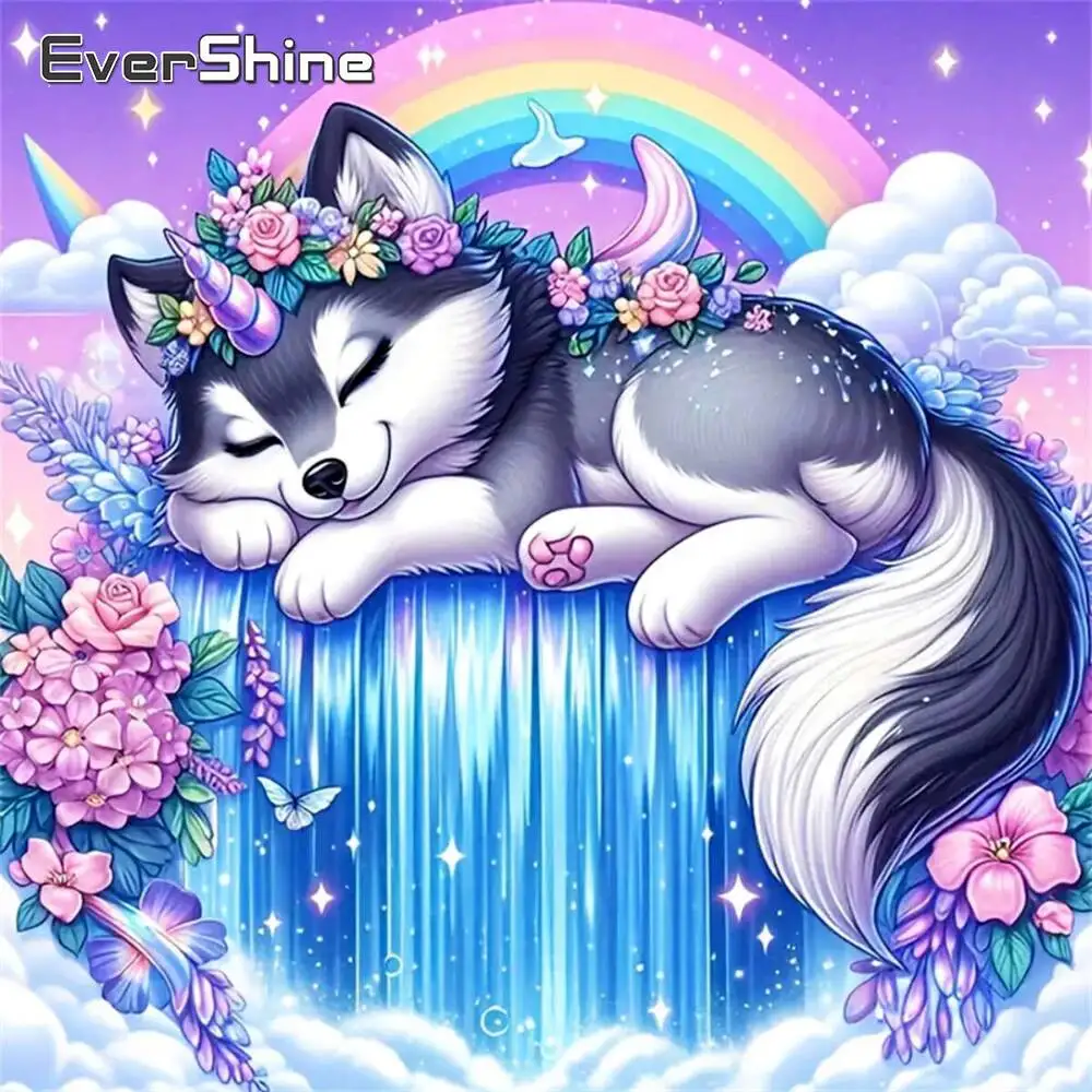 Evershine DIY Diamant Mosaik Hund Husky Tier Muster für Erwachsene Anfänger Regenbogen Malerei Wasserfall Blume handgemachte Hobby