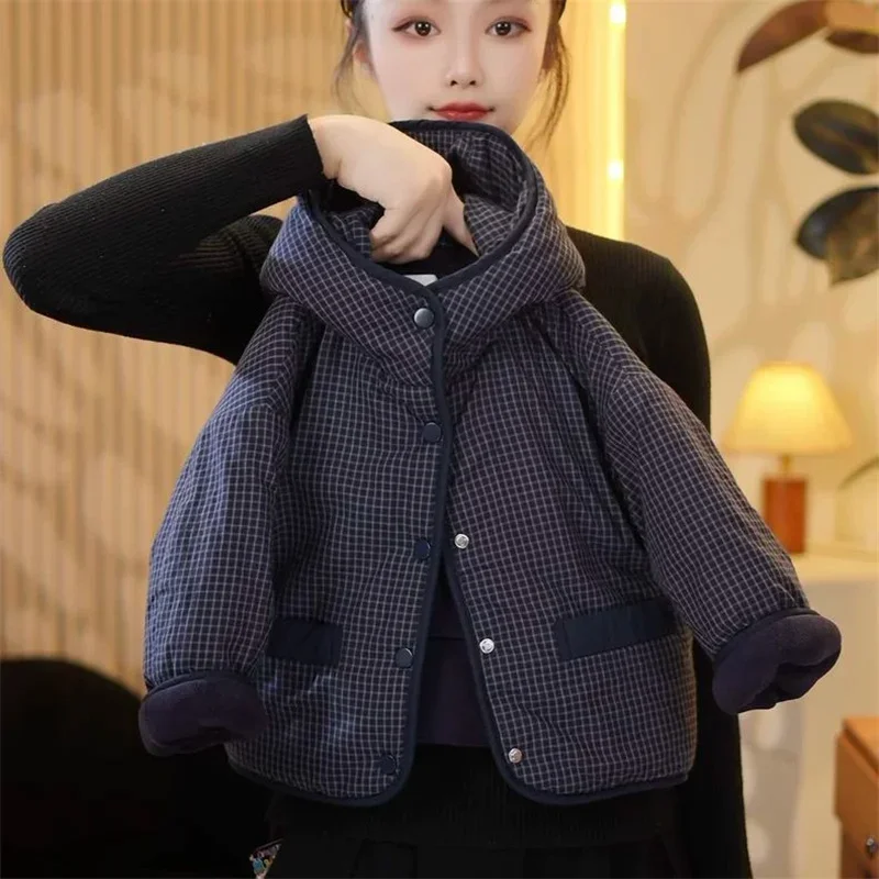 Winter Padded Warm Jackets Girls Thick Plus Velvet Parka Outerwear Kids Checkered Hooded Down Cotton Clothes Coats 2-8 Years