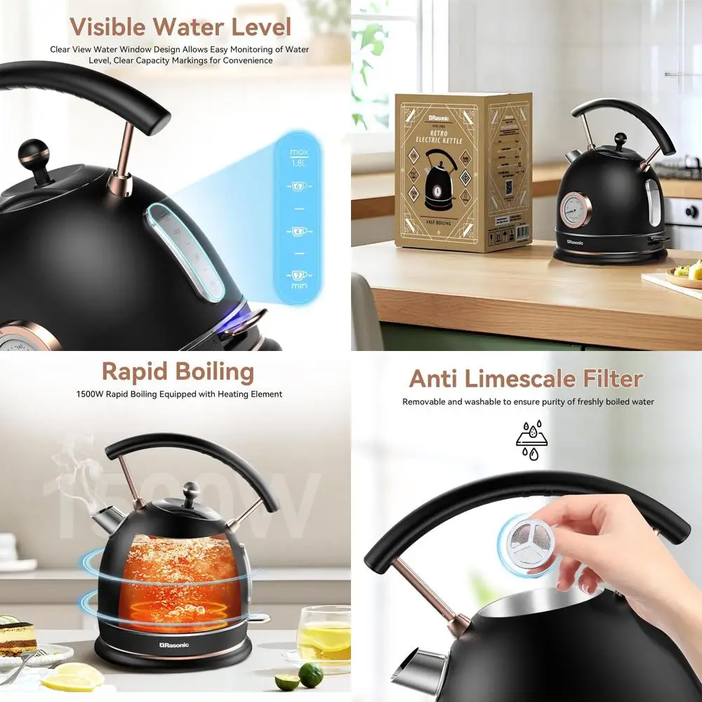 

1.8L Stainless Steel Electric Kettle, 1500W Quiet Fast Boil, Temperature Gauge, Auto-Off, Boil-Dry Protection, Matt Black & Rose