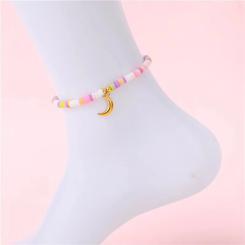 Bohemian countryside style colorful soft clay alloy crescent pendant women's ankle chain