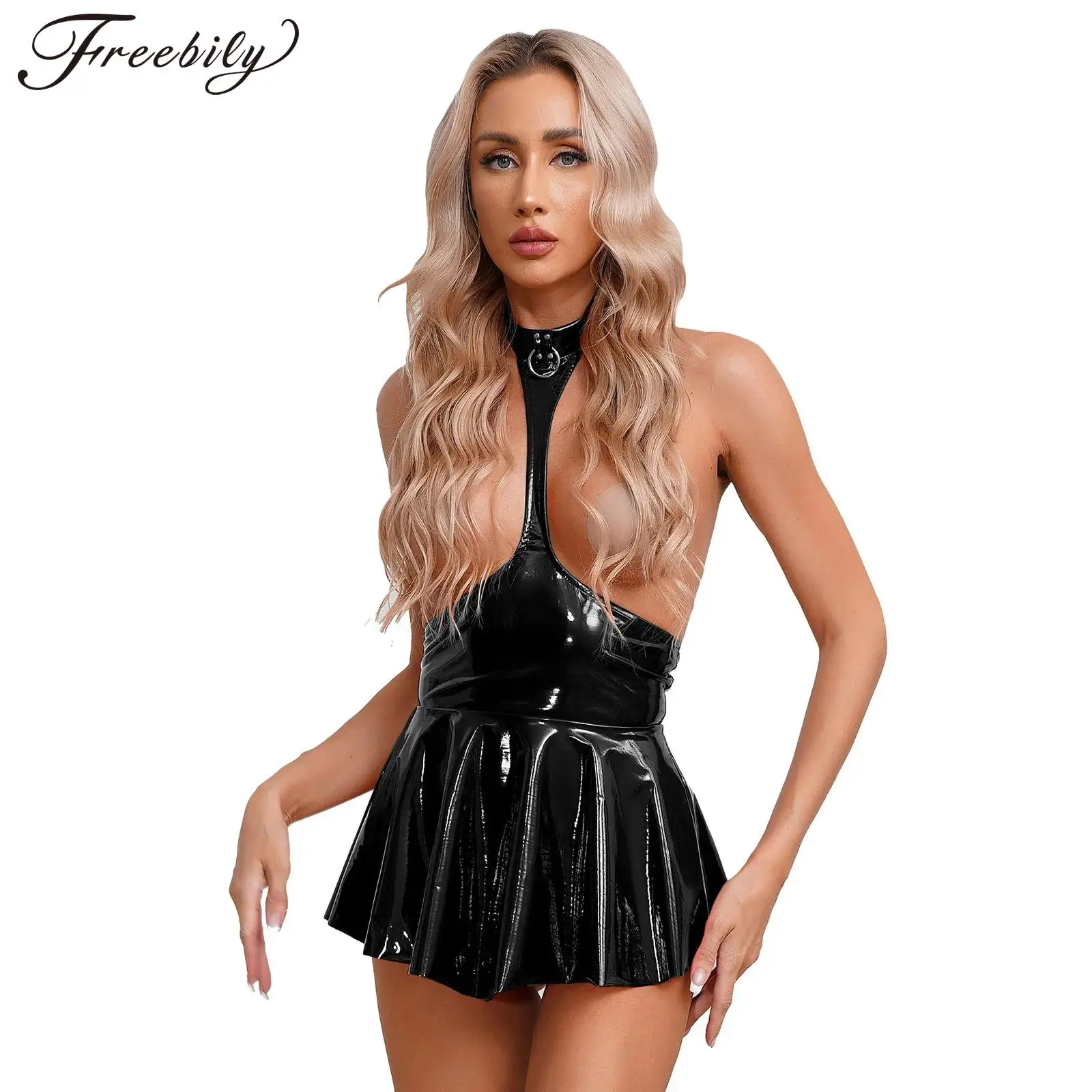 Women Wet Look Patent Leather Open Chest Dress Sleeveless Halter Backless Sexy Minidress Lingerie Nightwear Nightclub Clubwear