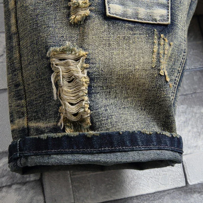 2024 Summer Men\'s Retro Ripped Personalized Denim Shorts Patch Plaid Hip Hop Fashion Loose Straight Denim Shorts Men\'s Clothing
