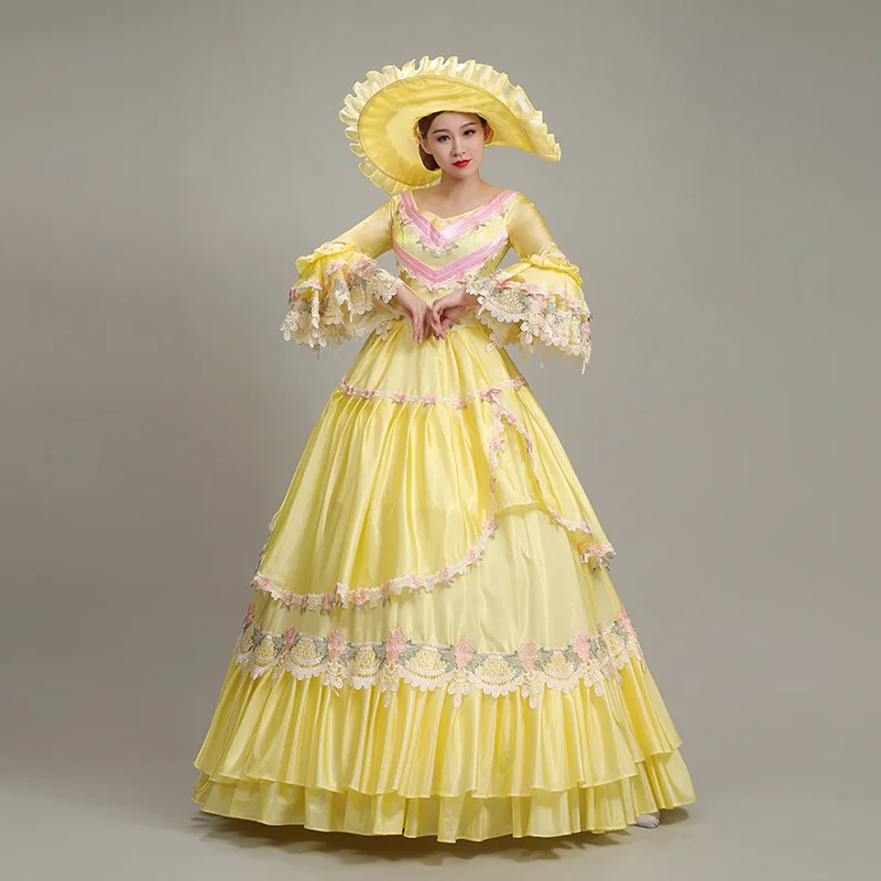 Robe Renaissance médiévale victorienne pour femme, robe de Rhde théâtre jaune, scène 303 avec chapeau, robe de princesse Palace