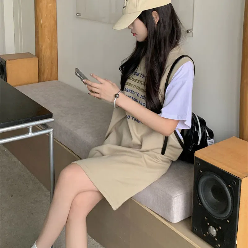 Casual Contrasting Colors Midi Dress Summer Korean Spliced Chic Fake Two Pieces Women\'s Clothing Basic Letter Straight Dresses