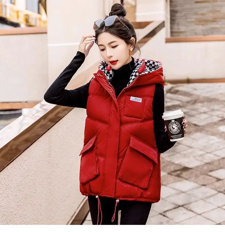Splicing Hooded Checkerboard Pattern Design New Thickened Warm Shoulder Sleeveless Warm Jacket
