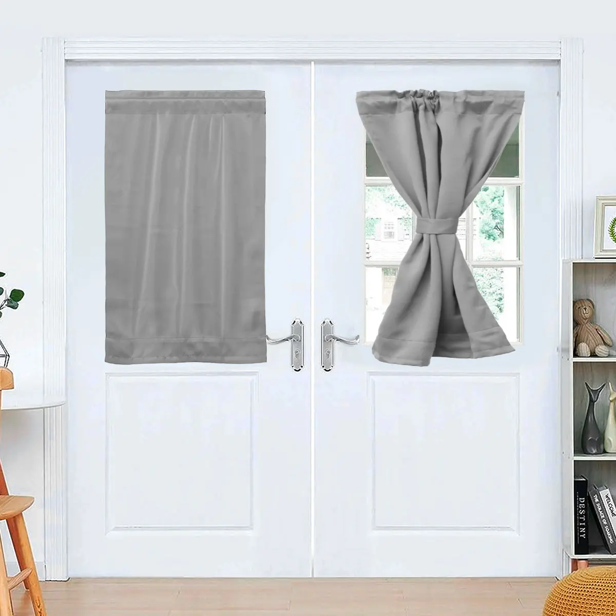 2Pcs Door Curtains Polyester Blackout Window Curtain with Tieback Dark Grey Darkening Door Drapes Window Door Curtain