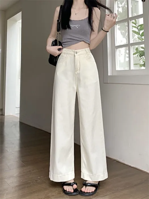 

Женские джинсы с высокой талией, прямые, свободного кроя, бежевые, универсальные, весенняя новинка, премиум-деним