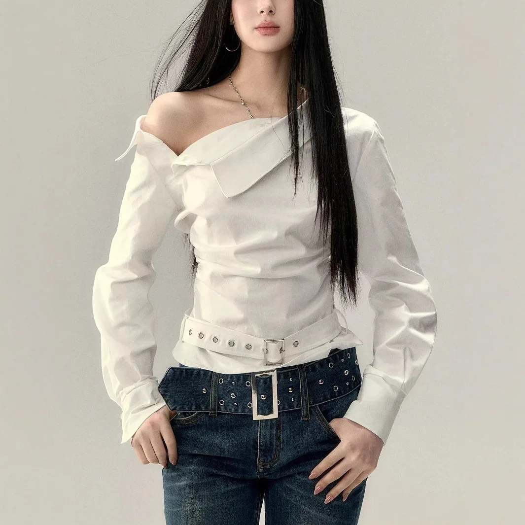 

Women's White Shirts 2026 Spring Summer Off Shoulder Ruched Belted Crop Shirt Slim Fit Fashion Top Women Blouse