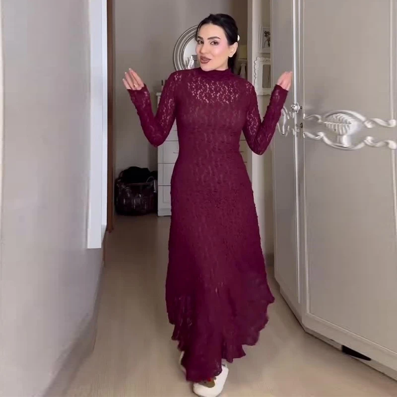 レディース エレガント レッド レース 長袖 ボディコン ミディ丈 ドレス スリムフィット おしゃれ イブニングドレス 2025 新作