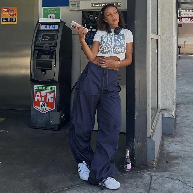 

Latest Design Trendy Summer Girls Oversized Low Waist Plain Drawstring Loose Cargo Joggers Pants Women Hip Hop Streetwear Outfit