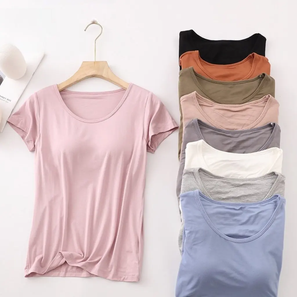 

Women's Modal Padded Short-Sleeved T-Shirt Yoga Home Wear Pajama Top Half-Sleeved Bra Cup All-In-One Bottoming
