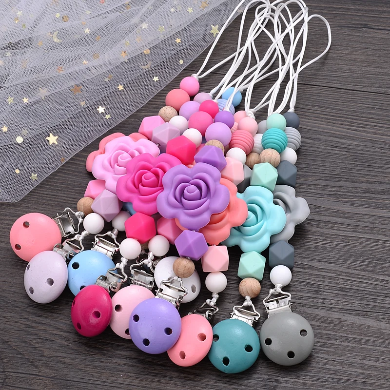 Baby Pacifier Chain Silicone Teether Pacifier Clips Wood Beads Infant Nipple Appease Soother Chain Clip Dummy Holder Nipple Clip