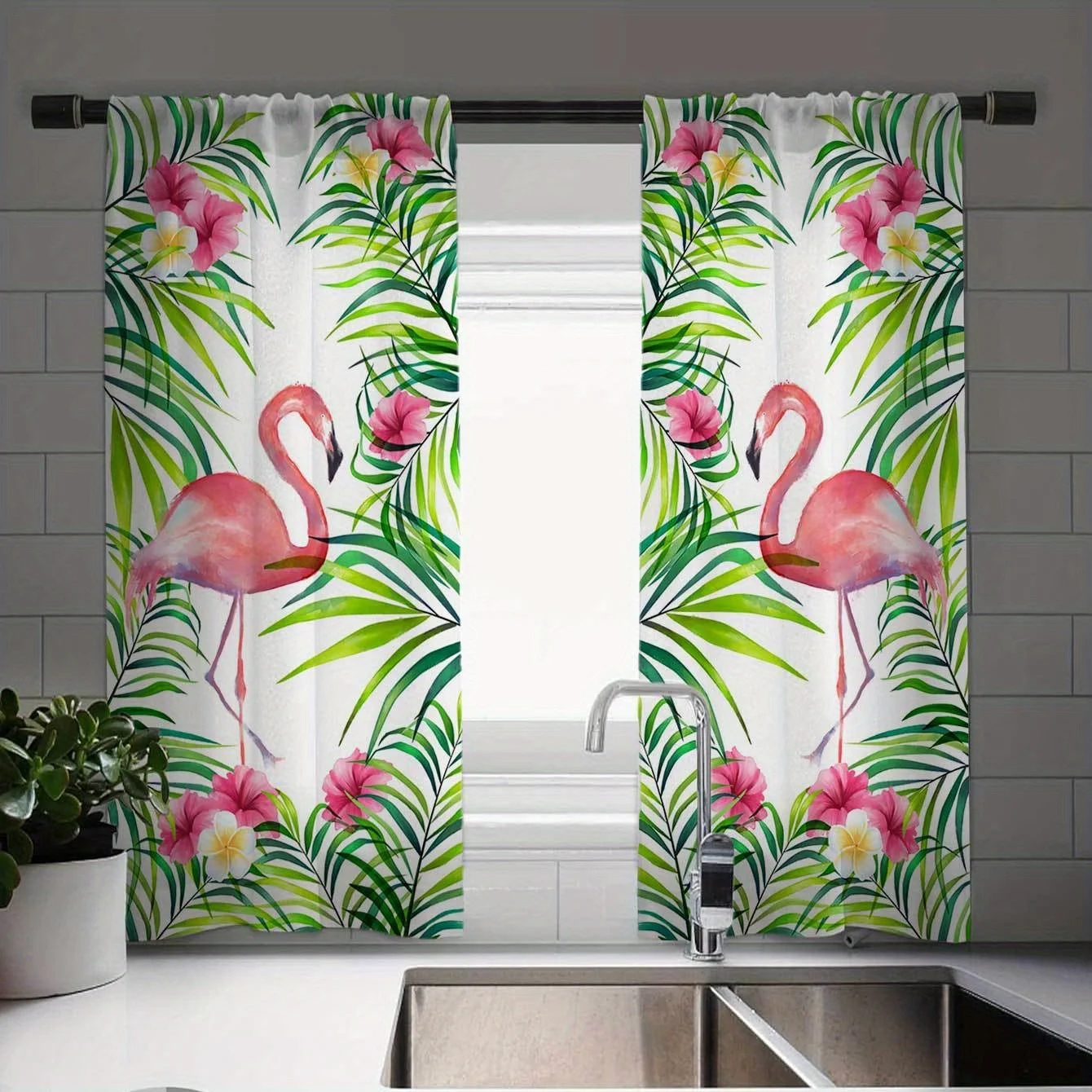 

Vintage Striped Flamingo Tuilp Flower Print Curtains for Living Room and Bedroom Easy to Hang Seasonal Charm for All Year