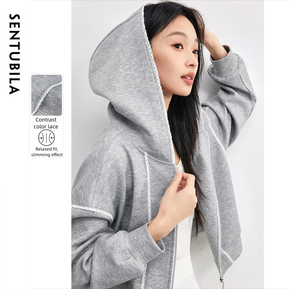 SENTUBILA Donna Giacche corte con cappuccio 2025 Autunno Sport Cappotti larghi a maniche lunghe Capispalla casual a contrasto di colore 153WG8813