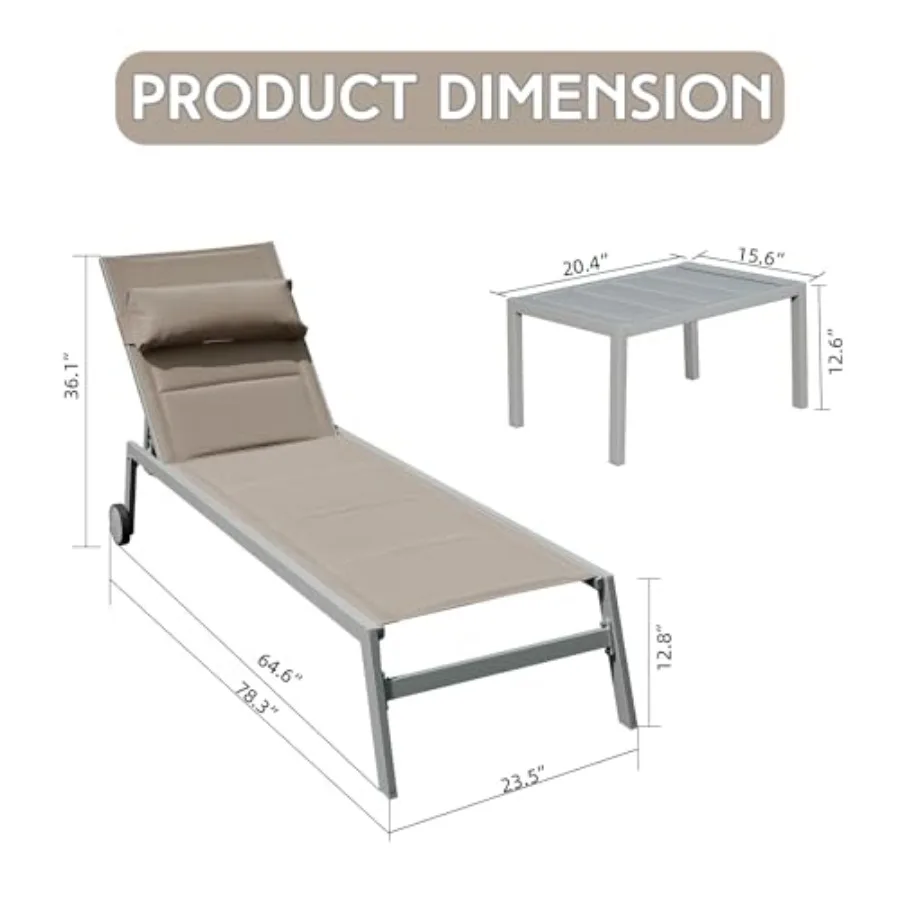 Outdoor patio chaise lounge set of 3: aluminum frames, black Textilene padded adjustable recliners with side table and wheelsdu