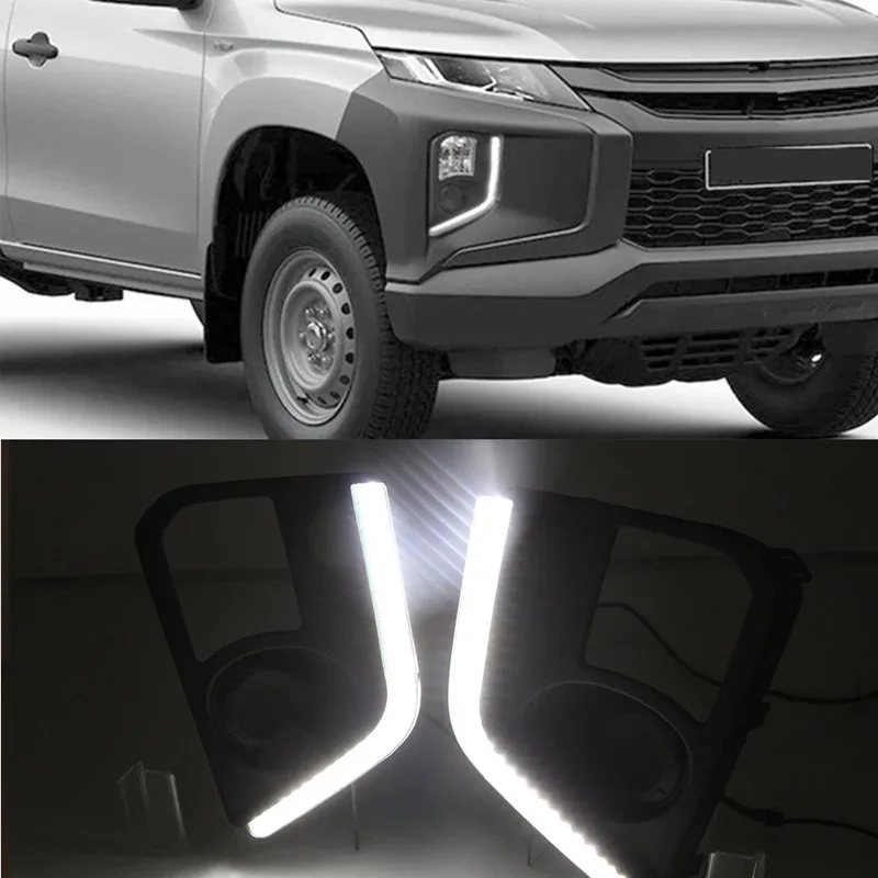 LED DRL Daytime Running Lights For Mitsubishi Triton L200 2019 2020 Led Fog Light Cover with Yellow Turn Signal Lamp