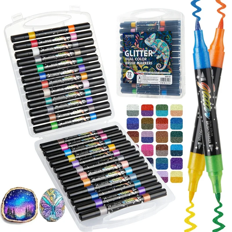 

24/48/72/96 Colors Glitter Effect Brush Markers,Dual Tip Dual Color 1-5mm Soft Brush Shimmer Marker for Doodle Writing, Glitter