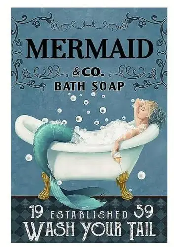 Mermaid & Co. Badeseife „Wash Your Tail“ Neuartiges Metallschild; Wandkunst