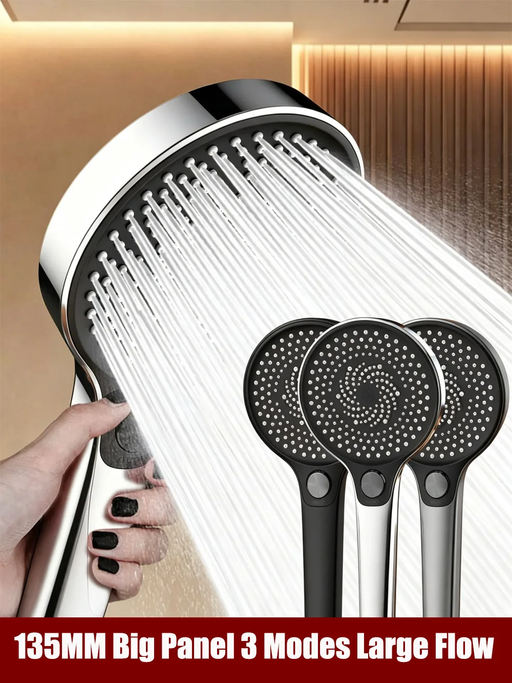 135mm Black Silver High Pressure Shower Head 3 Modes Adjsutable Spray Nozzles Water Saving Massage Bathroom Handheld Shower Head