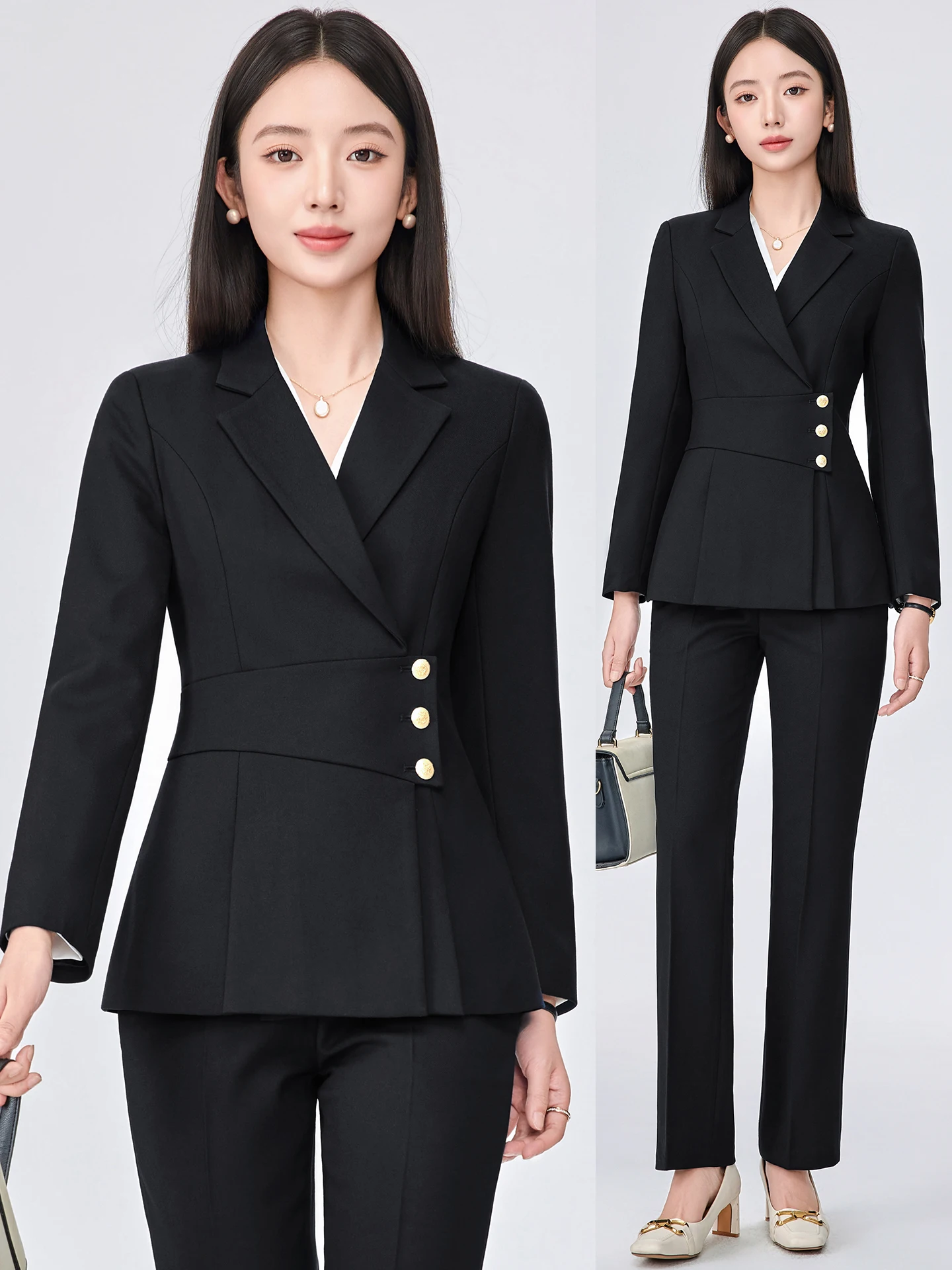Elegant Women's Suit Set for Spring Autumn Professional Beauty Salon Jewelry Store Work Uniform Hotel Front Desk Reception