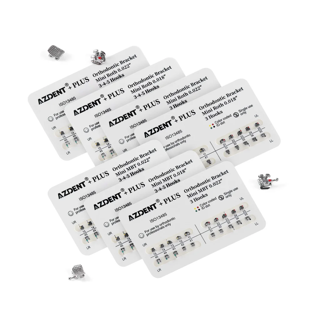 10 paczek = 200 sztuk Azdent wsporniki dentystyczne aparat ortodontyczny metalowy standard Mini Roth/MBT 022/018 haki 3/345 siatkowa podstawa