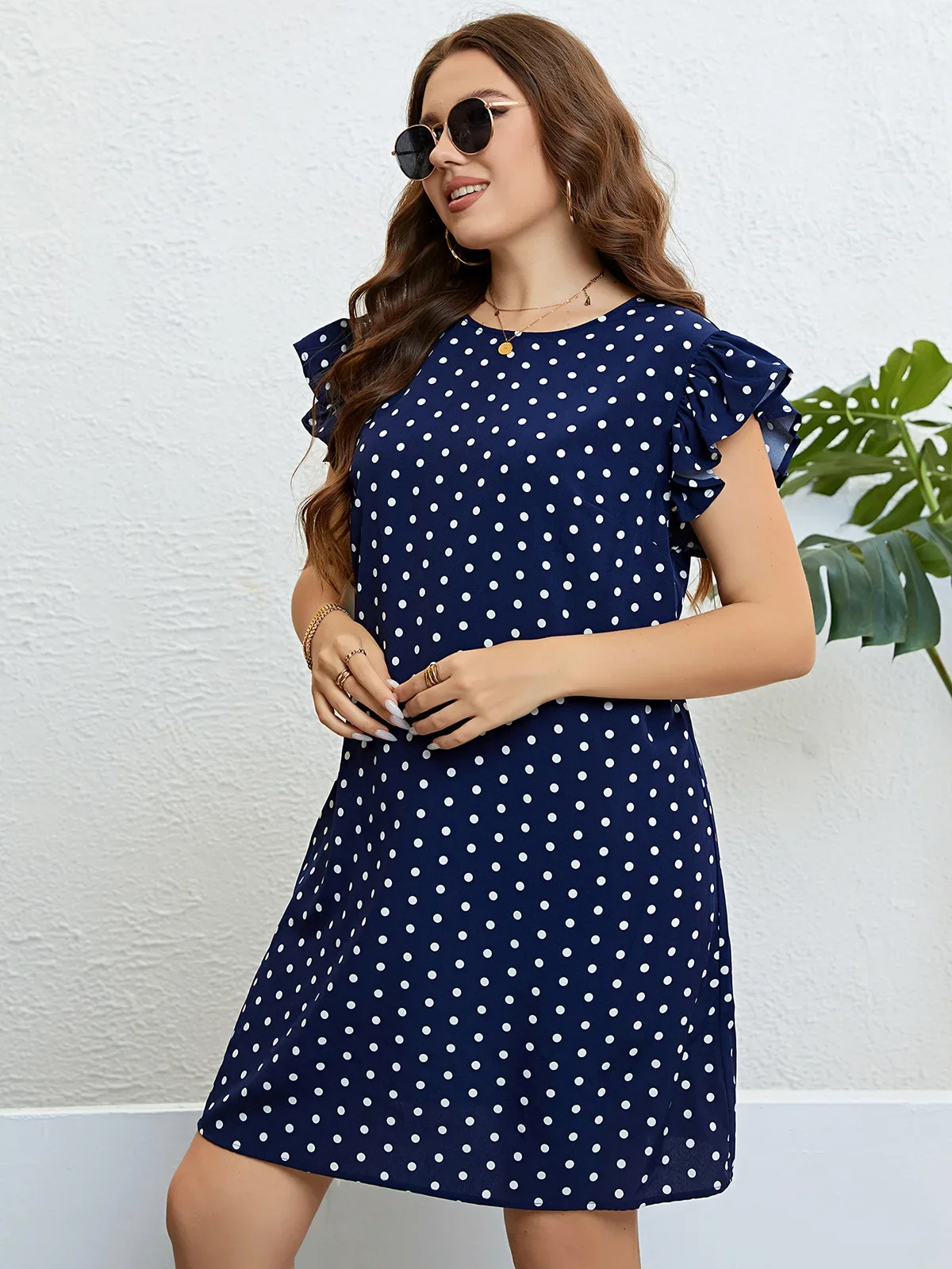 Plus Size Summer Dress Women Ruffles Short Sleeve Dot Print Casual Dresses Loose Oversized Mini Robe Scroop Neck Sundress Cloth