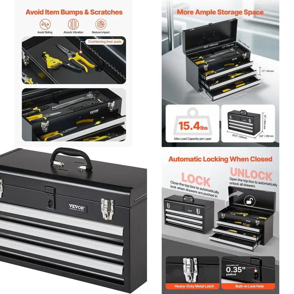 

Компактный переносной металлический ящик для инструментов 20,5 дюймов с 3 выдвижными ящиками на шарикоподшипниках, вставками из EVA и запираемым покрытием с порошковым напылением