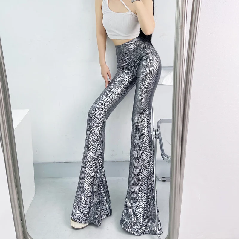 SALIENCY Silver Snake Skin Pattern Flared Pants Women High Waist Slim Sexy Stretch Wide Leg Trousers  Party Clubwear
