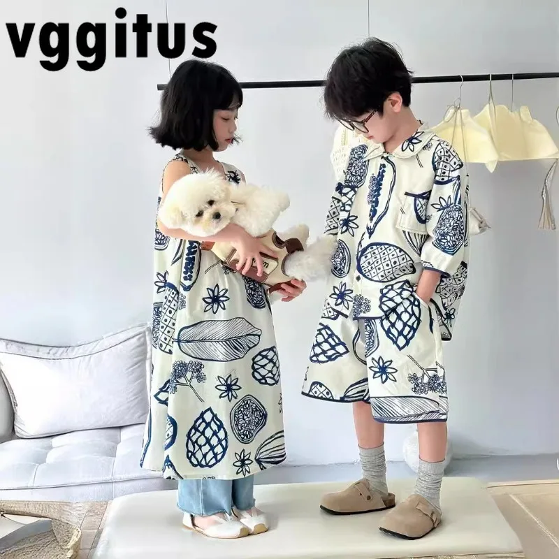 

2025 New Summer Boys and Girls Matching Outfits Korean Style Irregular Pattern Dress Casual Short Sleeve Shirts Shorts H24107