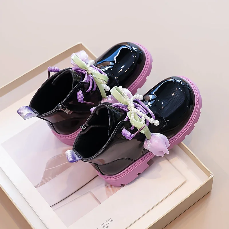 Little Girls Tulip Pearl Bow Boots, Glossy Color-Block Lace-Up Back Zipper Non-Slip Chunky Sole Princess Boots