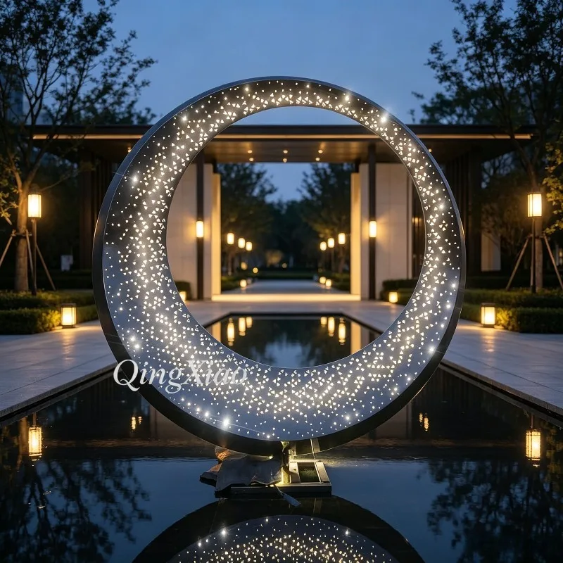 Mirror Polished LED Luminous Hollow Ring Stainless Steel Sculpture Custom Abstract Ornament Commercial Park Outdoor Waterside