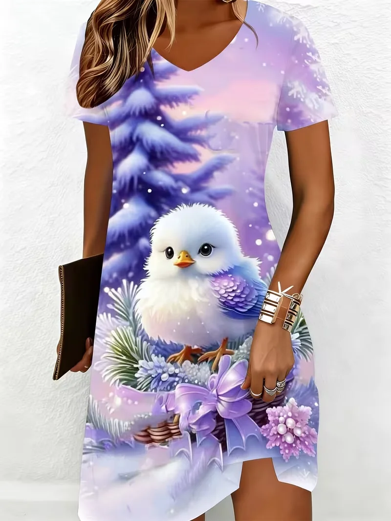 Elegant Short Sleeve Little bird flowers Pattern Womens Dress Summer Casual Loose V-Neck Ladies Summer Party Print Dress 3XL