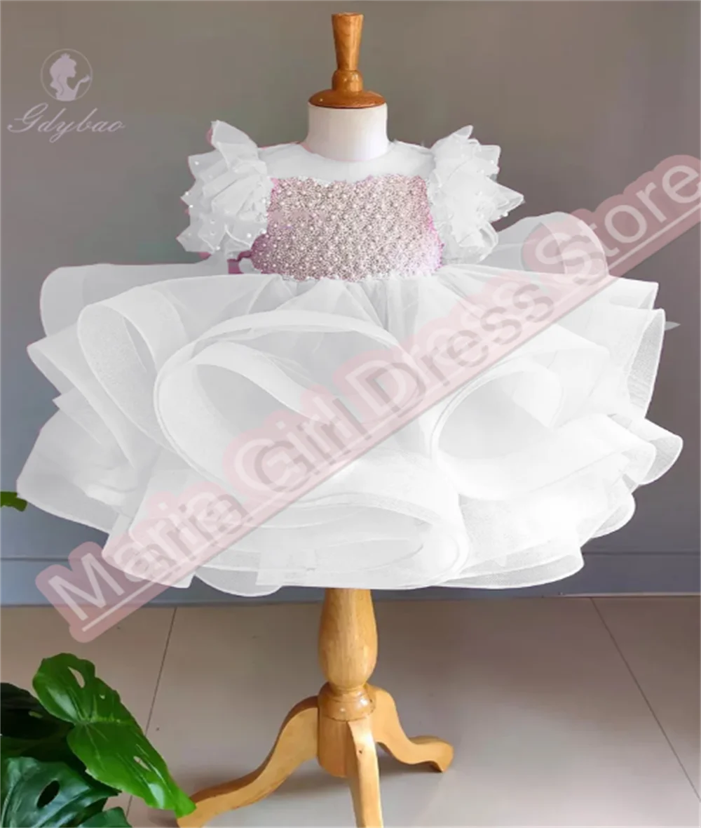 

Princess Prom Gown White Pearl Ruffle Layered Cropped Flower Girl Dress Formal Event Piano First Communion Performance
