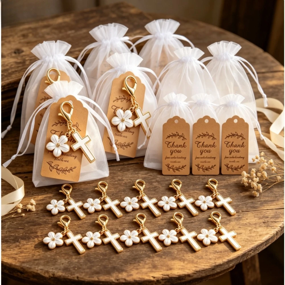 10Sets Ladies Alloy Flower Cross Bag Charm Keychain, Baptism First Communion Religious Wedding Favor with Cards & Organza Bags