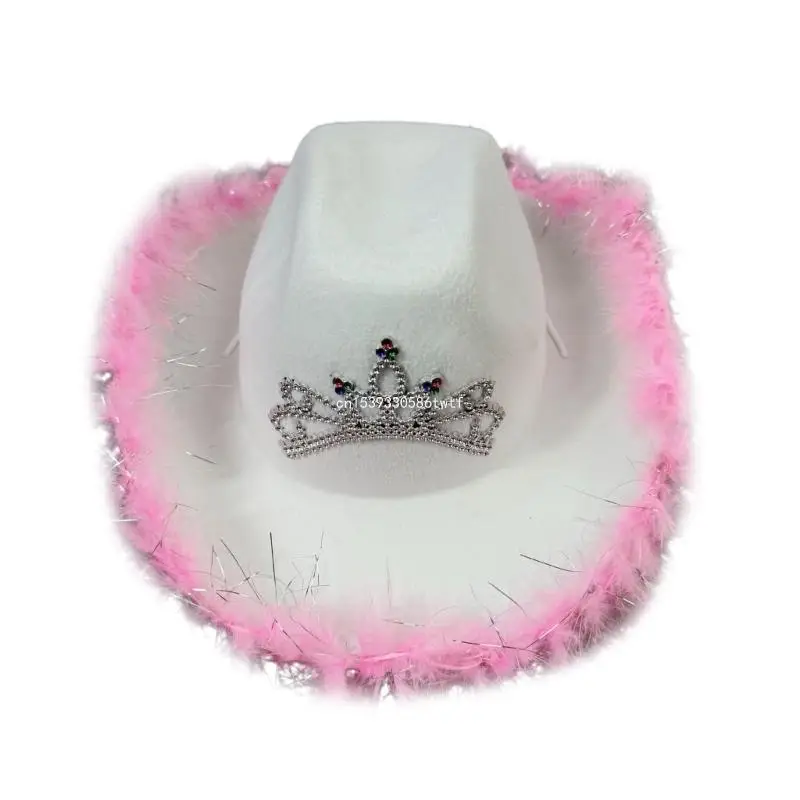 Furry Trim Fedoras Hat with Rhinestones Tiaras Music Festival Cosplay Party Hat Dropship