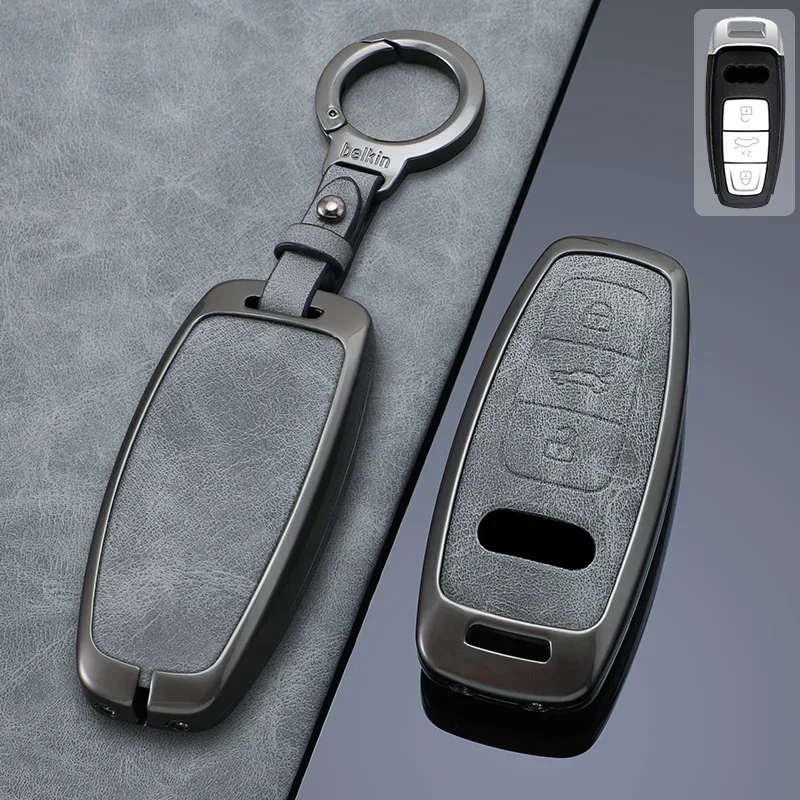 

Zinc Alloy + Leather Car Key Case Cover Fob Protection Holder For Audi A8 S8 Q7 Q8 SQ8 A3 A6 C8 A7 S7 D5 4N E-tron 2018 - 2024