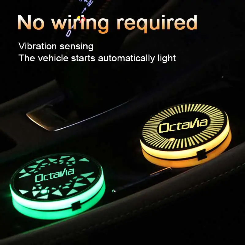 Colorful Auto Cup Slot Light Mats for Skoda OCTAVIA Logo USB Charging LED Car Coaster Atmosphere Light Decoration