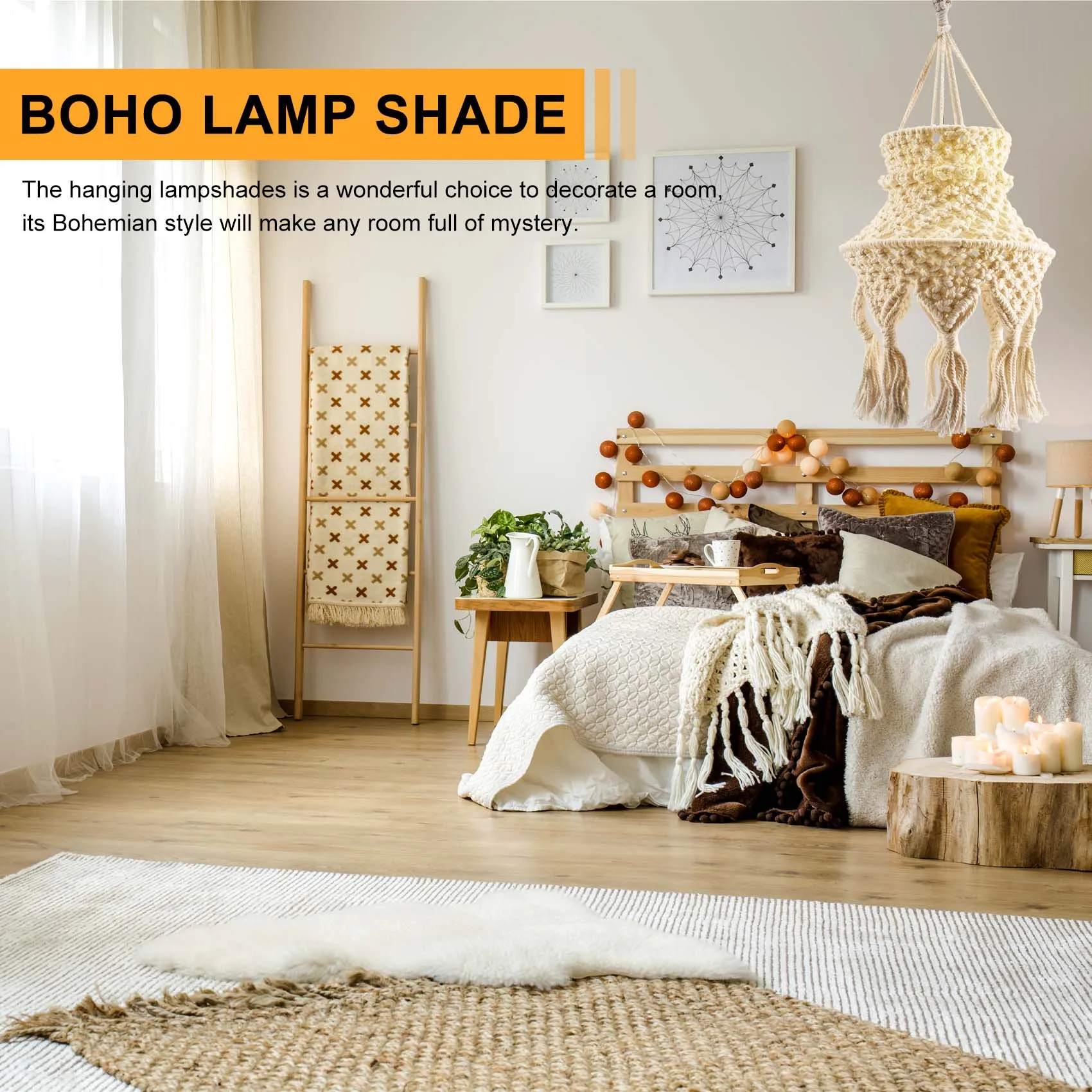 

ABSS-Macrame Lamp Shade Boho Hanging Pendant Light Cover, Chandelier Shade For Bedroom Living Room Nursery Dorm Home Decor