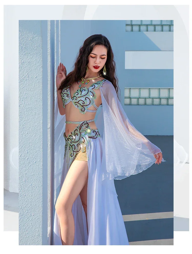 Professionelles Bauchtanz-Kostümset für Damen, schwebender Tüllrock mit großem Schwung, Bühnen- und Wettbewerbskleidung, Bauchtanz-Outfit – Detail 8